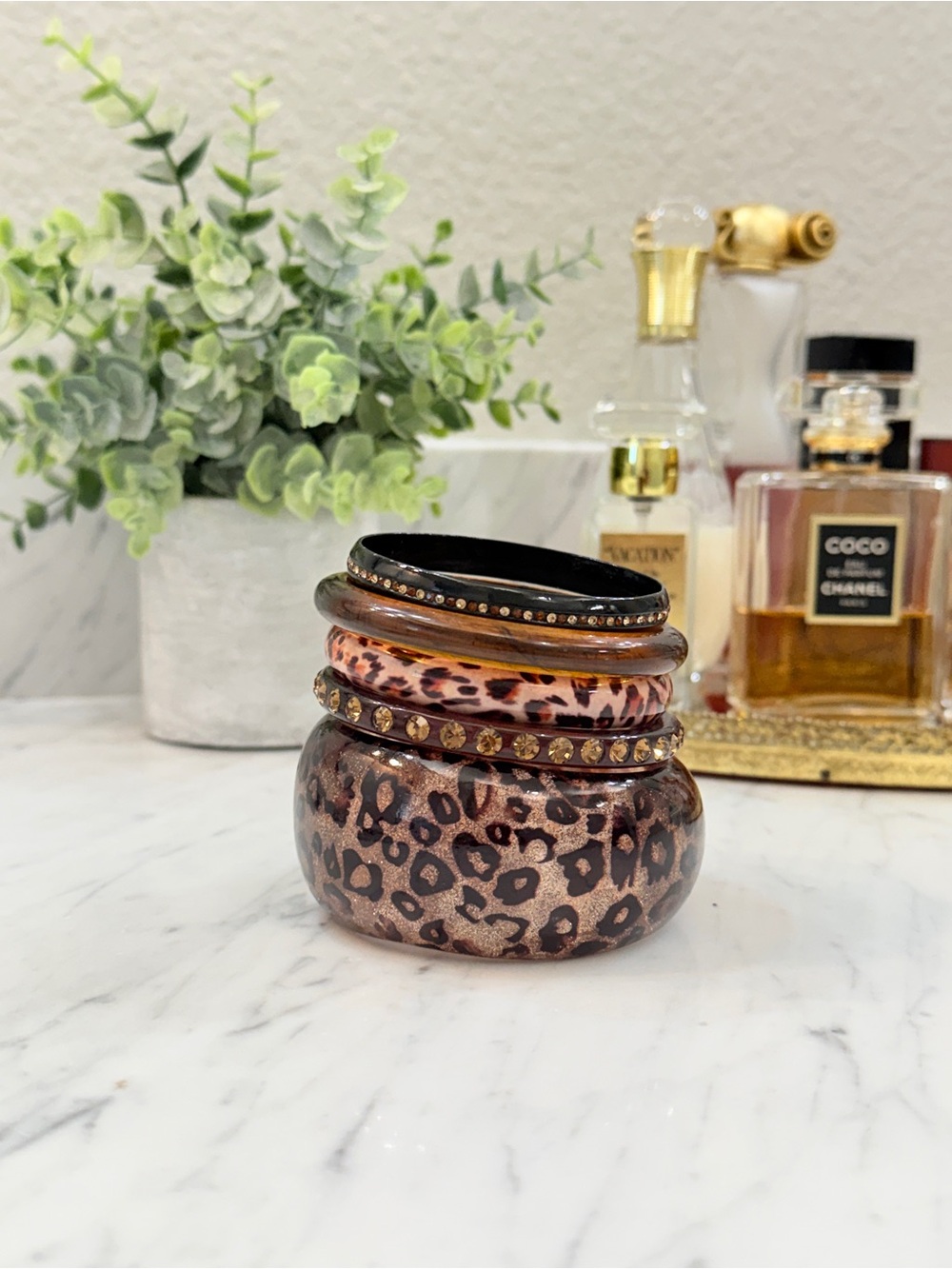 Vintage Lucite and Metal Leopard Print Decorative Bangles